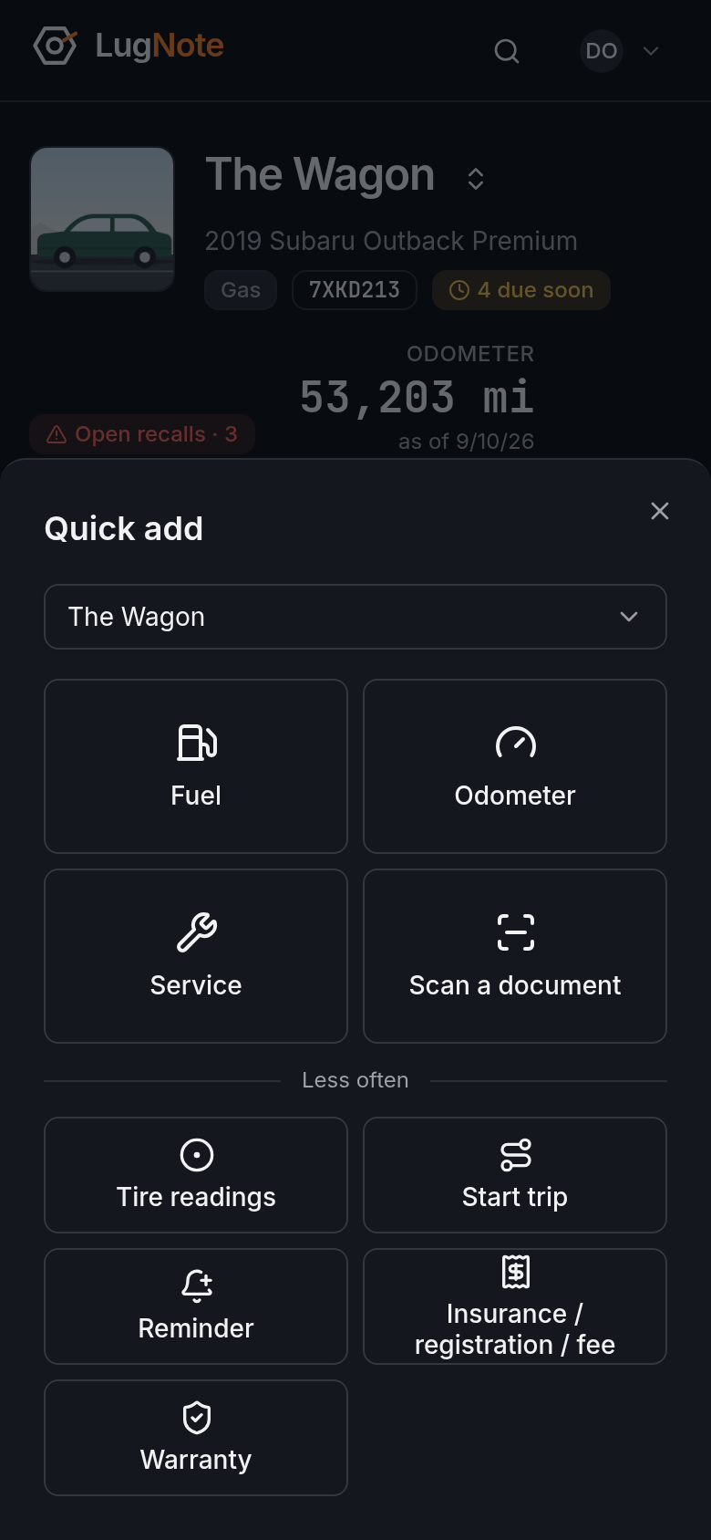 Quick add open on a phone, offering fuel, odometer, service and more.