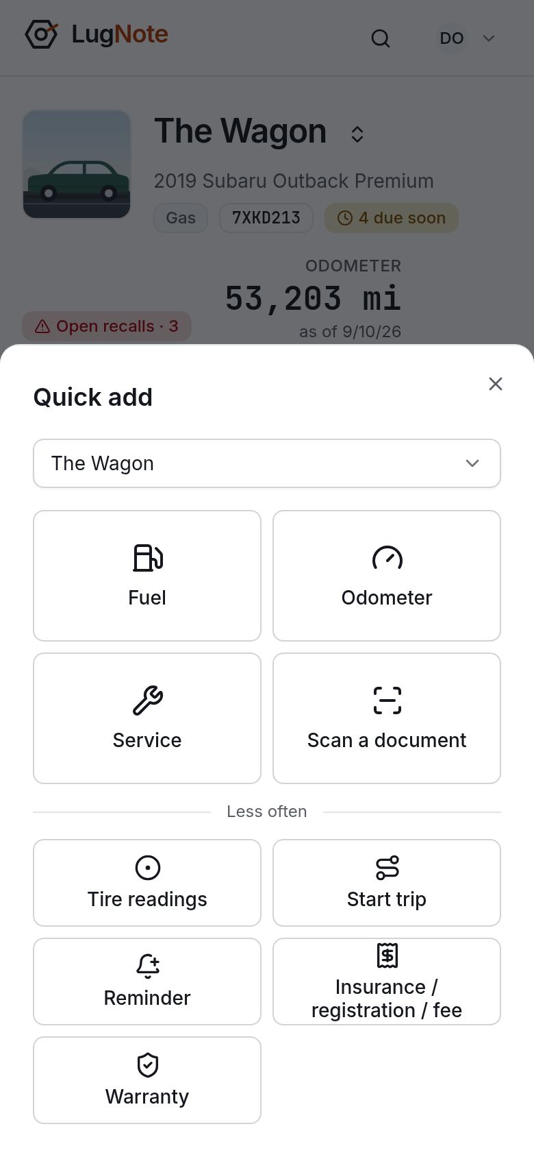 Quick add open on a phone, offering fuel, odometer, service and more.