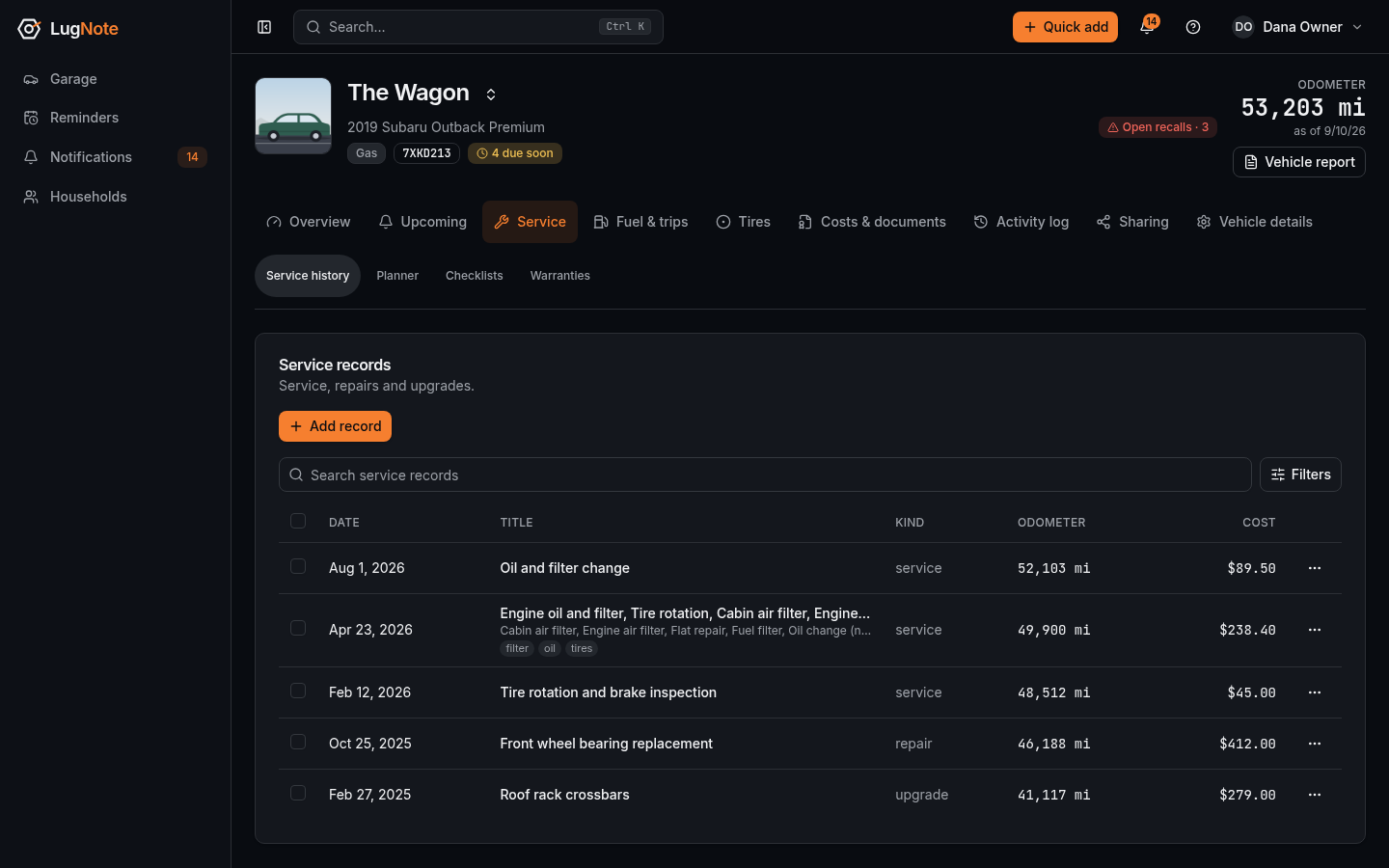 A vehicle's service records listing date, title, kind, odometer and cost.