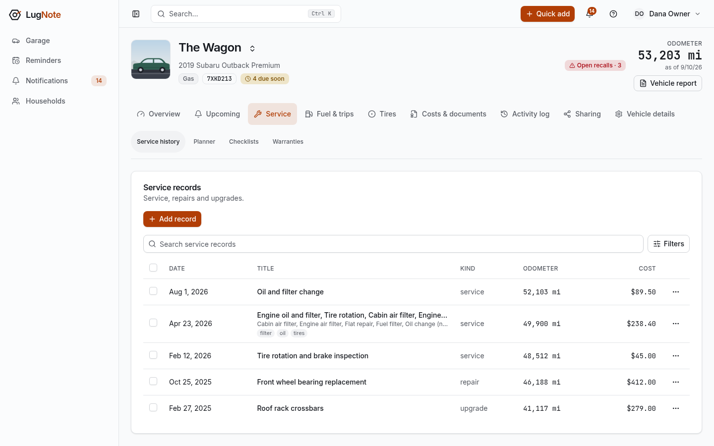 A vehicle's service records listing date, title, kind, odometer and cost.