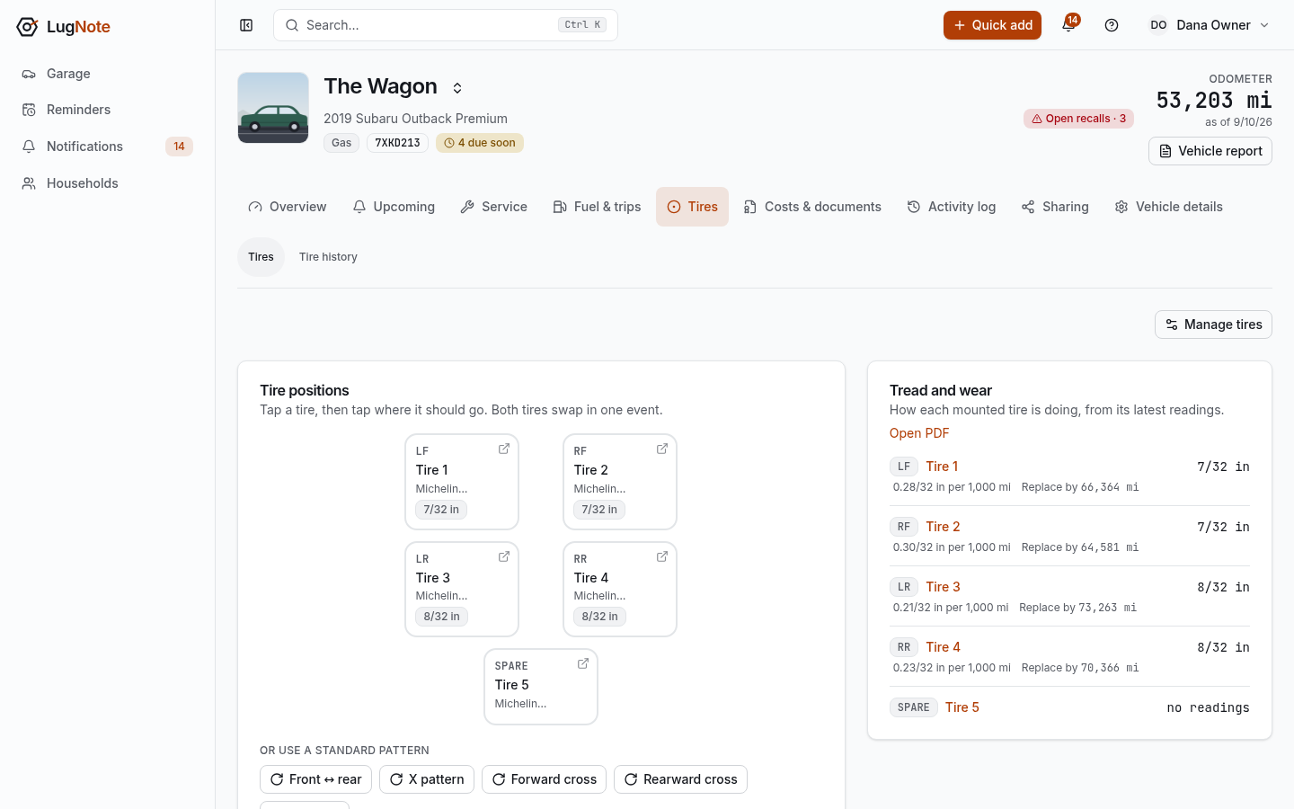 A tire diagram with a tire at each position beside tread depth and projected replacement for each.