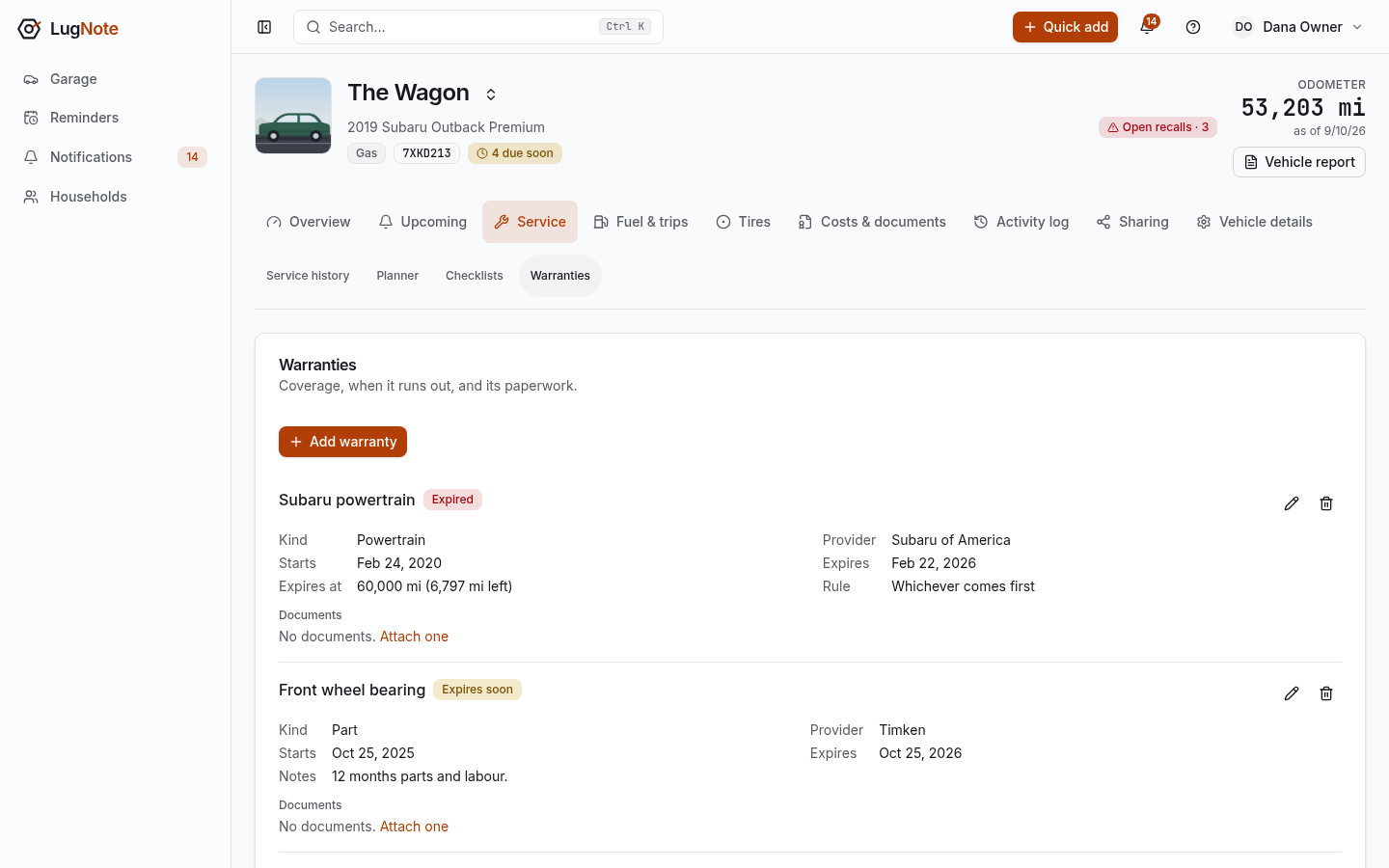 The warranties list showing expired, expiring soon and active coverage with dates and documents.